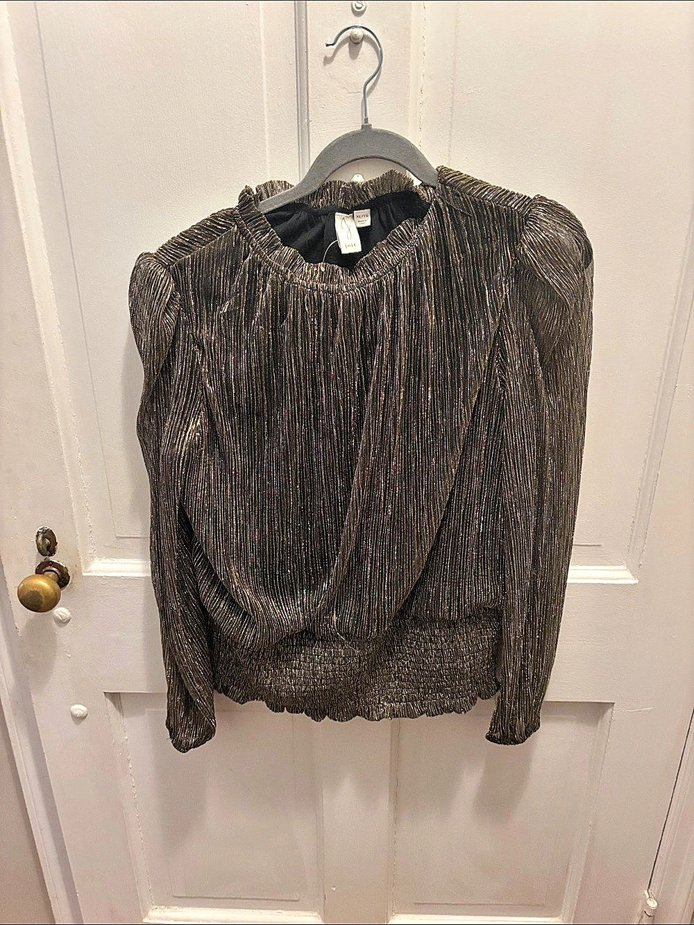 Joie Metallic Pleated Evening Lurex Long-Sleeve Top Black